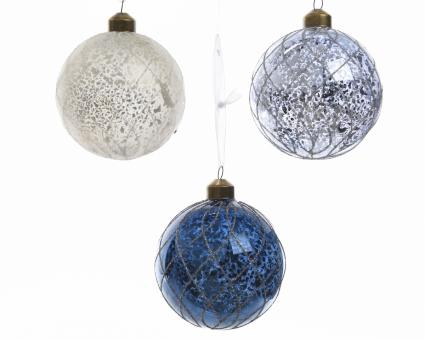 Weihnachtskugeln Eis/Glitter 3fach sortiert Farbe Weiß und Blau 