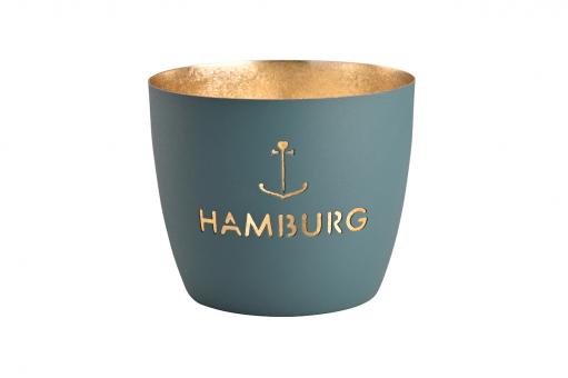 Madras Windlicht, M, Motiv Hamburg Anker, windsor blue/gold 