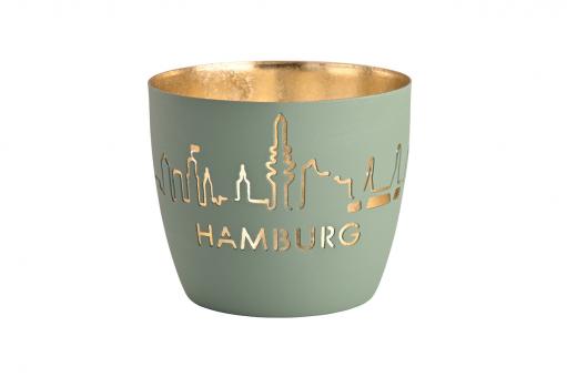 Madras Windlicht, M, Motiv Hamburg Skyline, powder blue/gold 