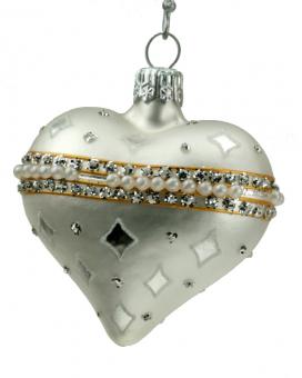 Herz aus Glas Farbe Weiss mit Perlenband 