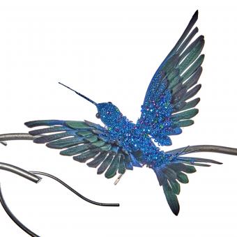 Klipp Kolibri aus Kunstfedern mit Glitzerrücken blau