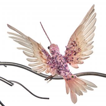 Klipp Kolibri aus Kunstfedern mit Glitzerrücken rosa