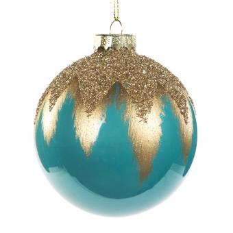 Weihnachtskugel aus Glas Farbe Türkis mit Golddetails 